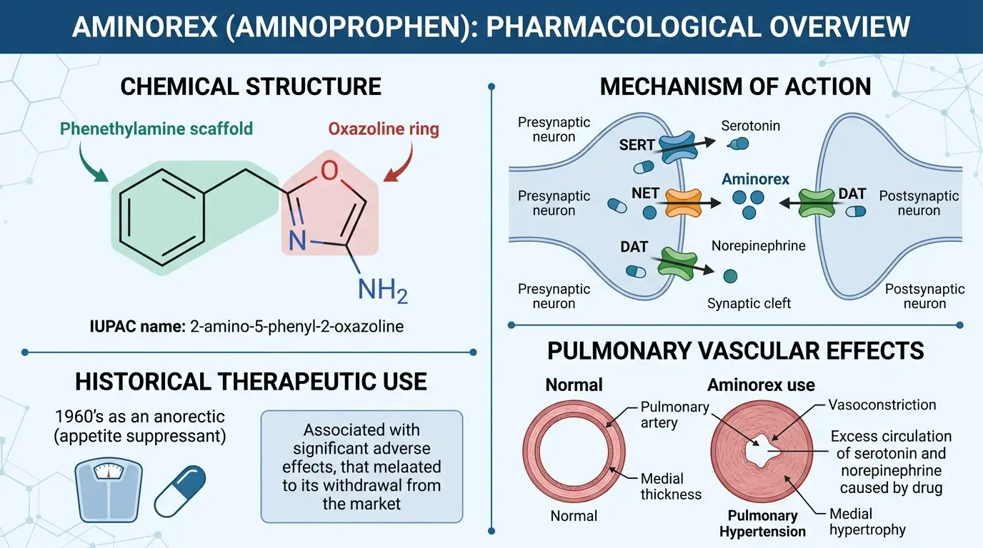 Aminorex chemistry, mechanism of action, historical uses and side effects infographic showing chemical structure, neurotransmitter pathways and pharmacological effects.